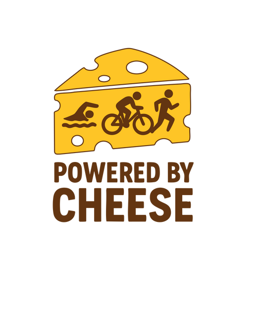 Powered by Cheese Wisconsin sticker – waterproof vinyl for athletes, runners, and triathletes by Qavah Designs