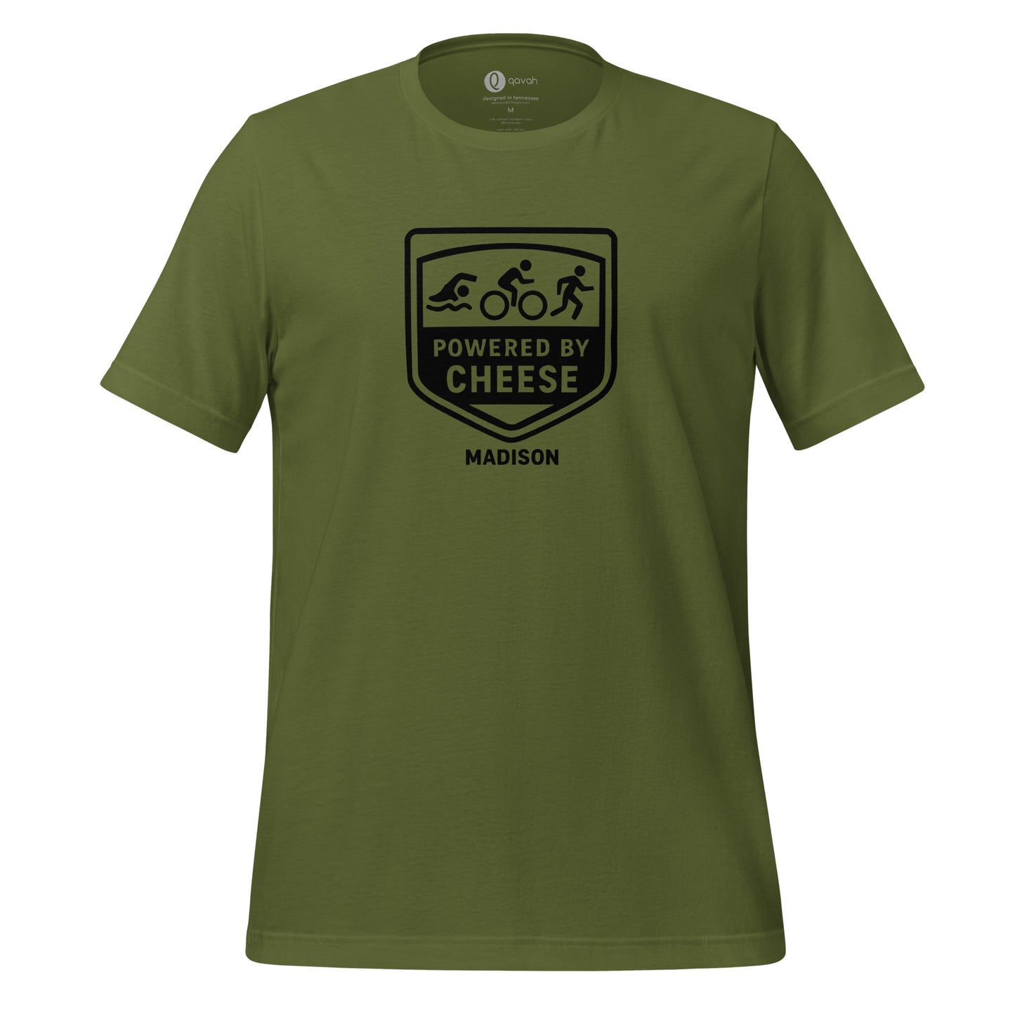 Powered by Cheese badge edition Wisconsin shirt with circular logo – soft cotton polyester blend athletic lifestyle tee in Olive