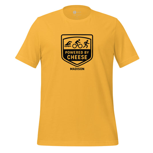Powered by Cheese badge edition Wisconsin shirt in Heather Gold with circular logo – soft cotton polyester blend athletic lifestyle tee
