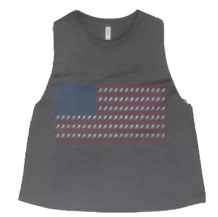 A gray cropped tank top with a unisex fit, featuring the American flag design with icons representing swim, bike, and run activities.