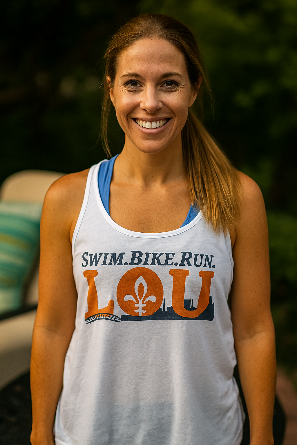 Woman wearing a white tank top with 'Swim. Bike. Run. LOU' graphic