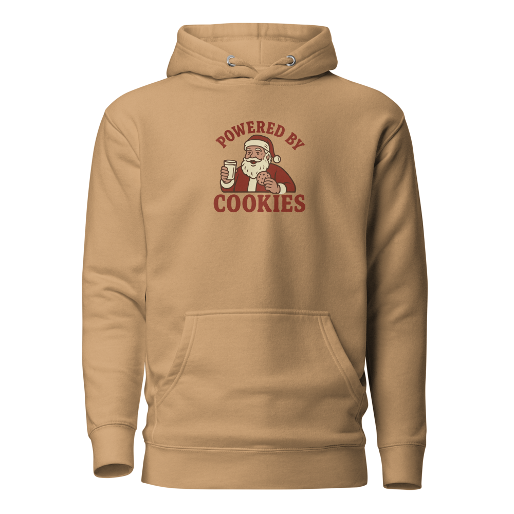 Beige hoodie with Santa Claus graphic and 'Powered by Cookies' text on a white background