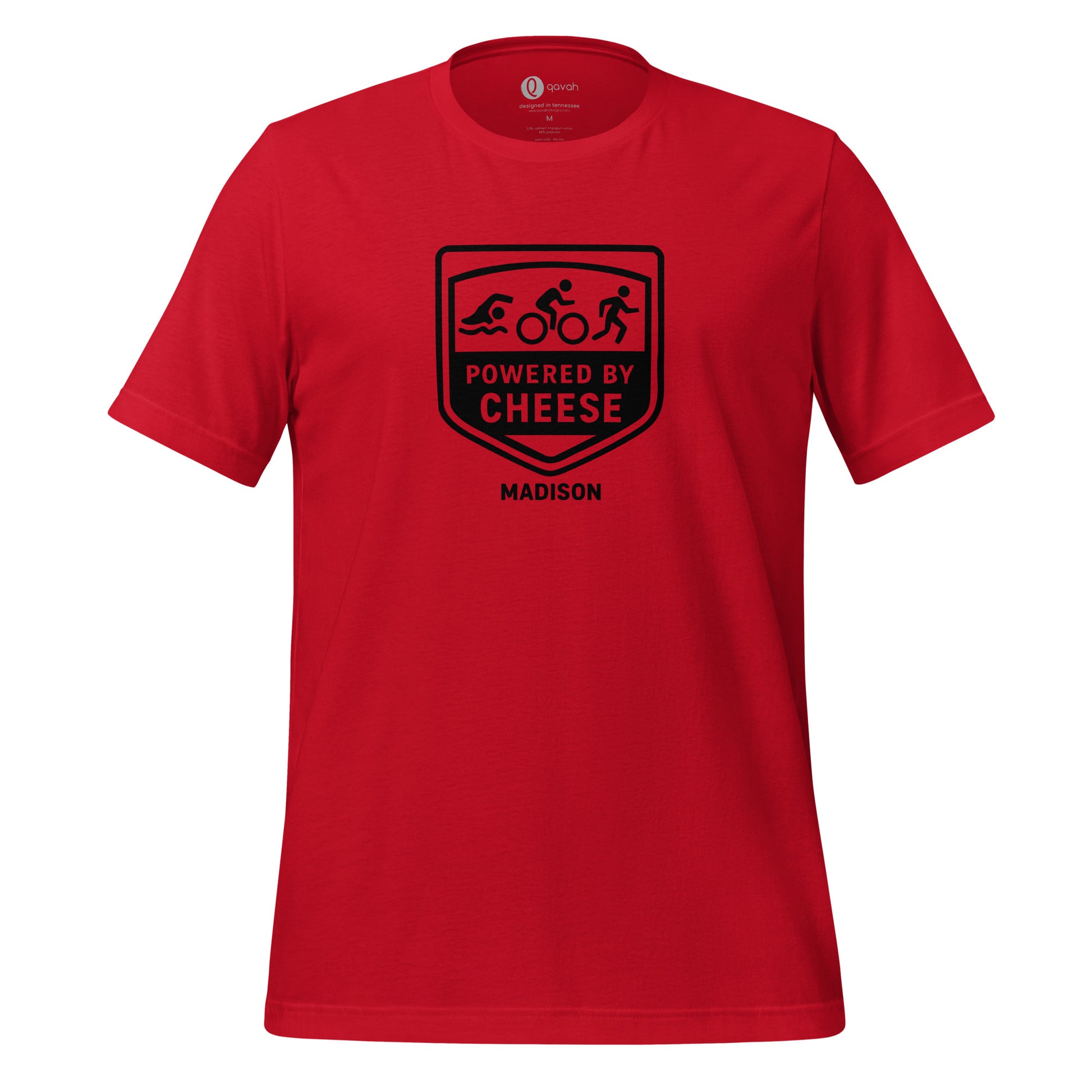 Powered by Cheese badge edition Wisconsin shirt with circular logo – soft cotton polyester blend athletic lifestyle tee in Red with Black