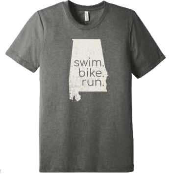 A person wearing a black short sleeve shirt with 'swim, bike, run' text and a silhouette of Alabama.