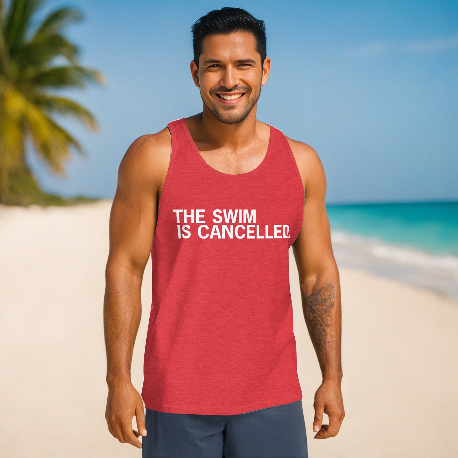 Triathlete wearing Swim Is Cancelled triathlon shirt on overcast race morning, endurance lifestyle apparel by Qavah Designs