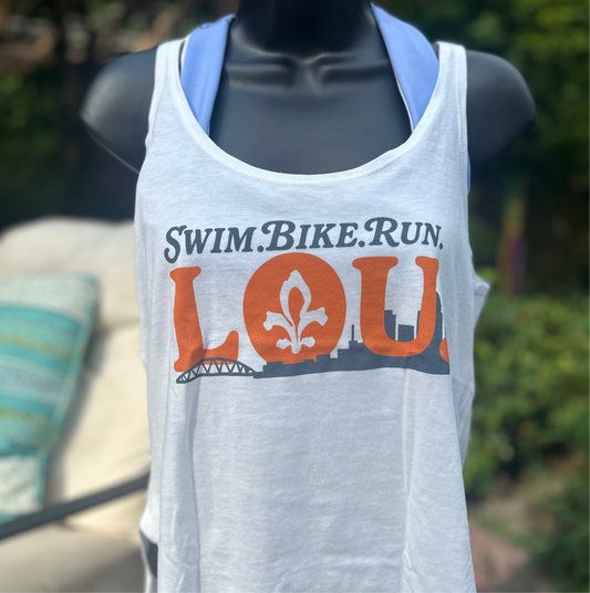 whie tank top with 'Swim. Bike. Run. LOU.' text and logo.