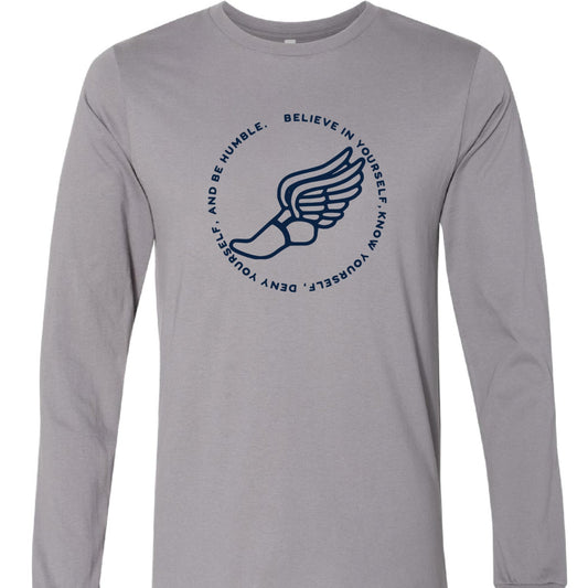 Gray long-sleeve shirt with a logo on a white background