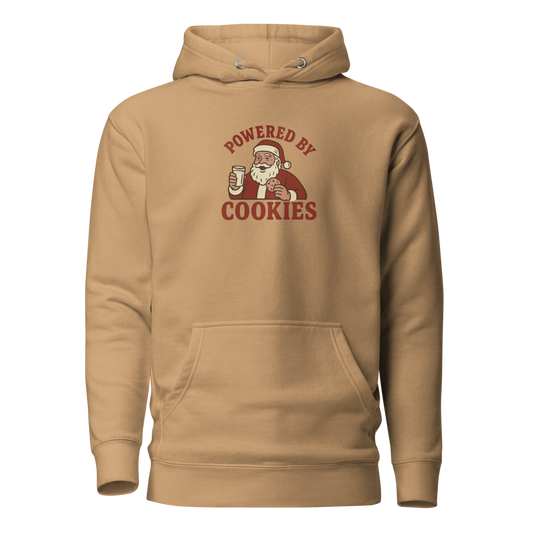 Beige hoodie with Santa Claus graphic and 'Powered by Cookies' text on a white background