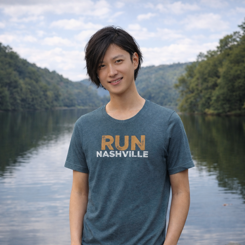Person wearing a 'RUN NASHVILLE' t-shirt standing by a lake with trees in the background