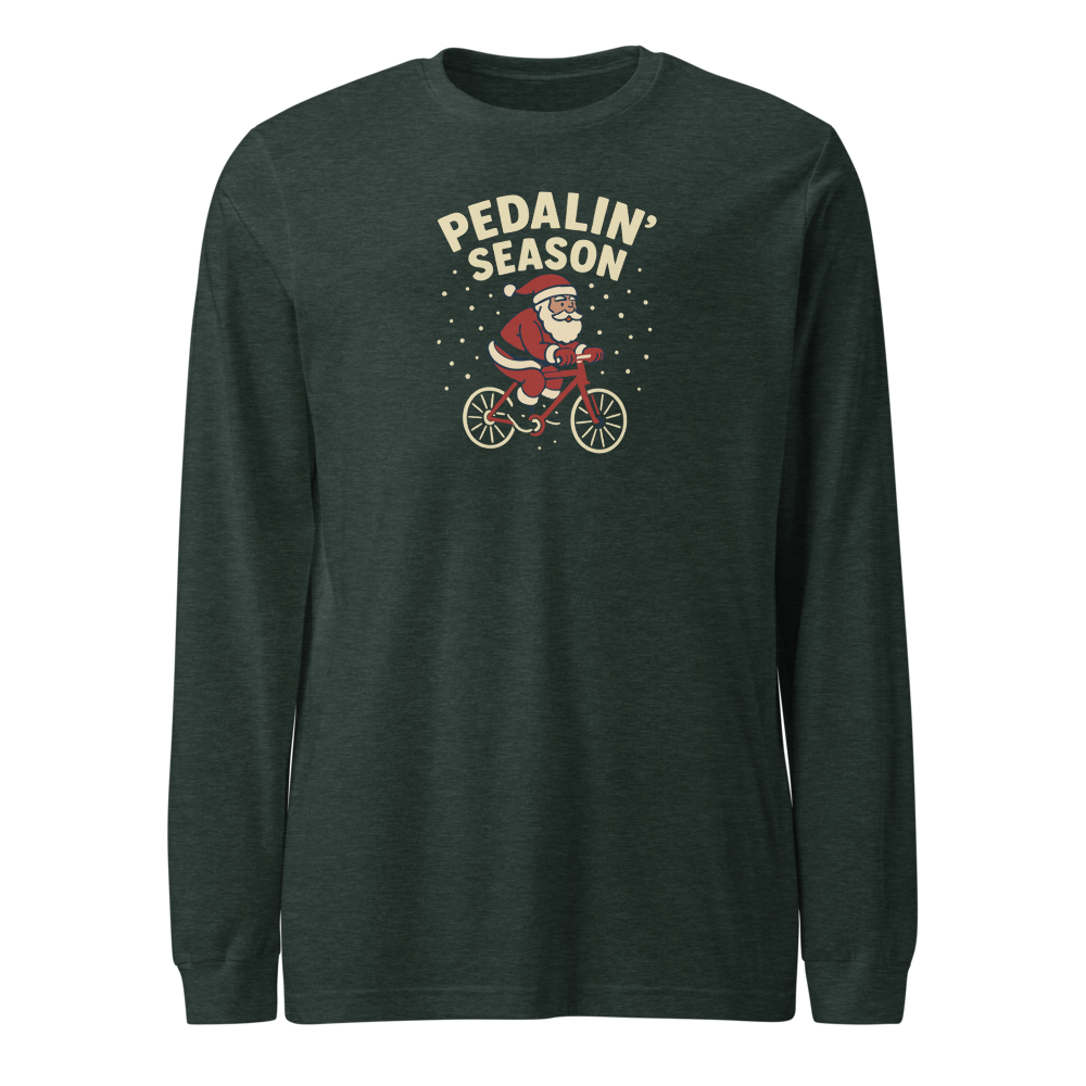 Dark green long-sleeve shirt with Santa Claus graphic and 'Pedalin' Season' text on a white background