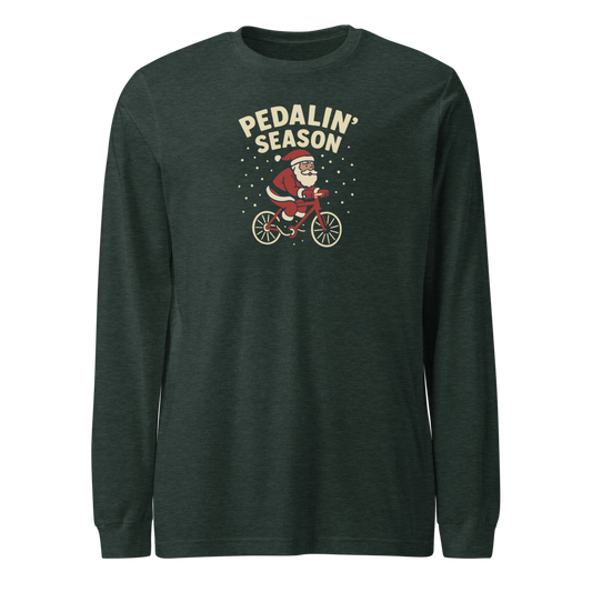 Dark green long-sleeve shirt with Santa Claus graphic and 'Pedalin' Season' text on a white background
