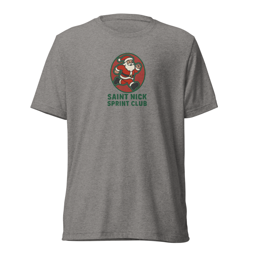 Gray t-shirt with Saint Nick Sprint Club logo on a white background