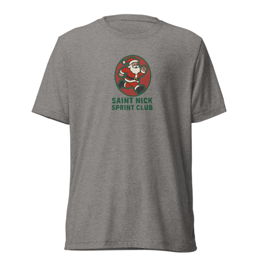Gray t-shirt with Saint Nick Sprint Club logo on a white background