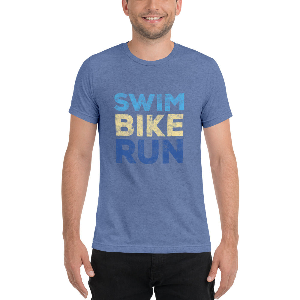 Swim Bike Run Short Sleeve Shirt (Blue and Yellow)